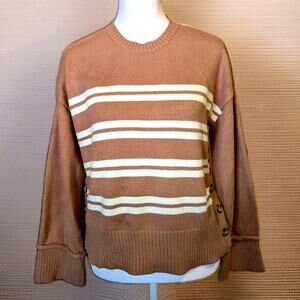 Marled Retro 90's Cozy Cabin Crop Long Sleeve Sweater Striped Cream Tan Buttons